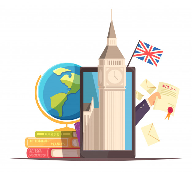 language center online communication courses flat advertising composition with flag diploma tablet big ben dictionaries 1284 32184
